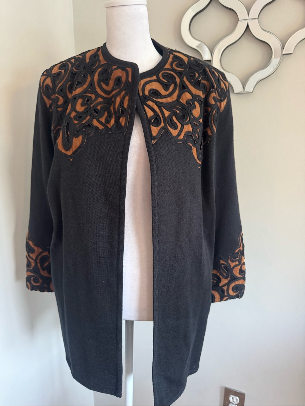 Black Open-Front Cardigan with Brown Appliqué Details